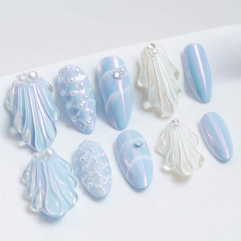 SunBeam Nails Handmade Press On Nail Medium Long Almond Oval Pink White Pearl Shell Fake Tip 3D Design Art Charms Cute with Storage Box 10 Pcs 028 M
